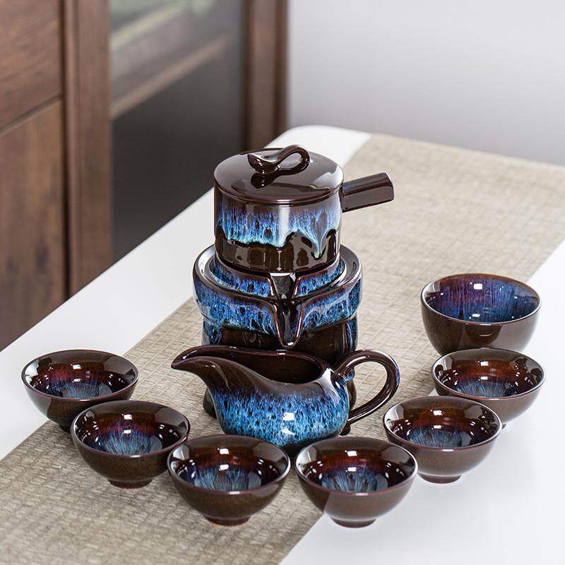 天目釉建盏窑变功夫茶具套装家用陶瓷石磨防烫全自动懒人泡茶器半