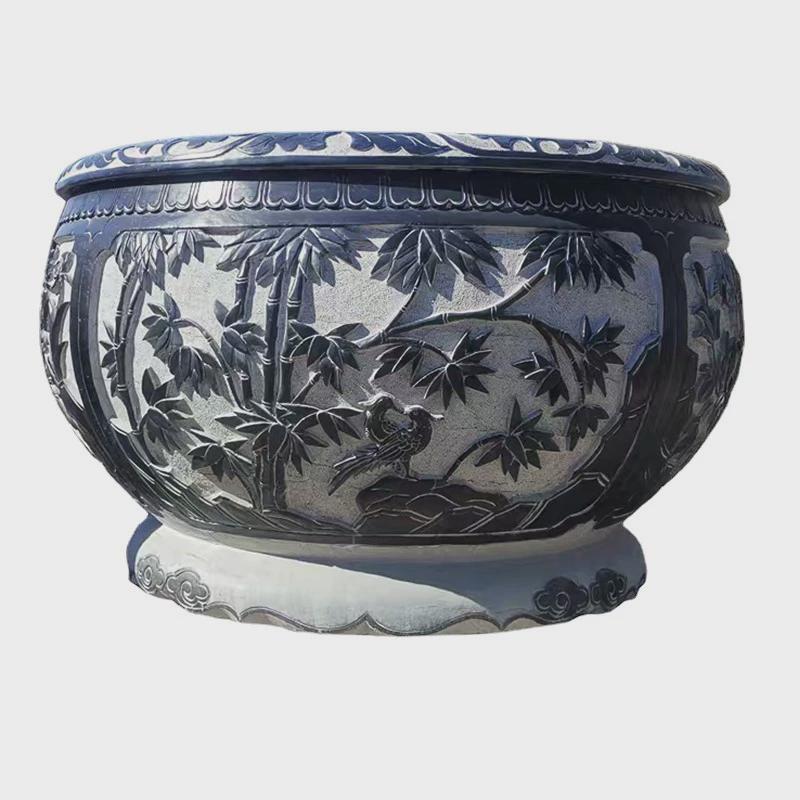 仿古荷花养鱼水缸园林青石中式养鱼养花石缸青石雕刻圆形鱼缸