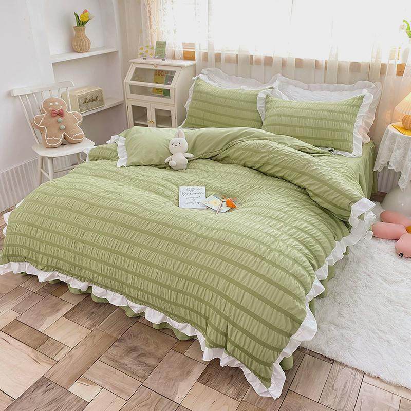 韩式纯色公主风泡泡纱花边磨毛四件套水洗棉学生床上用品床裙床单