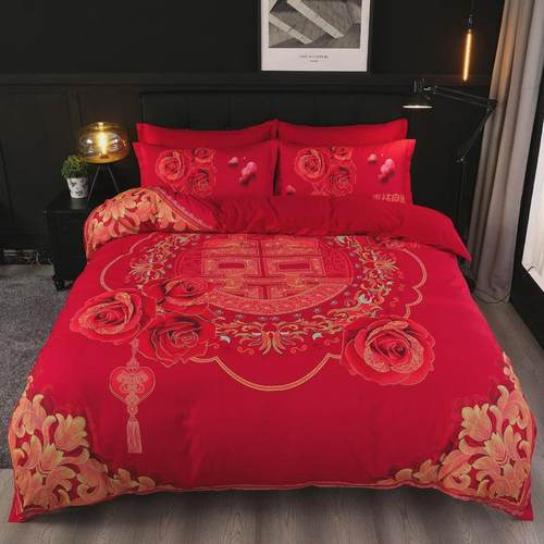 新款婚庆大版花床上四件套水洗磨毛红色结婚陪嫁床单被套大4件套