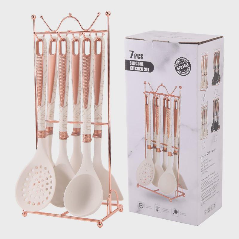 大理石纹硅胶厨具套装家用带收纳架食品级耐高温烹饪勺铲子7件套