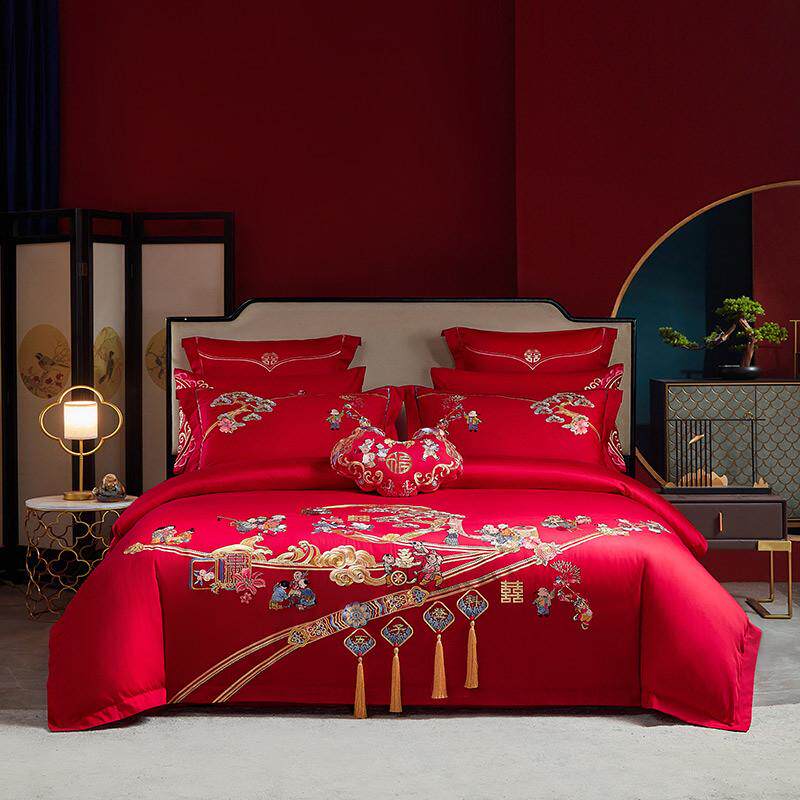 陪嫁床婚庆大红色刺绣结婚床上用品新婚喜被套件棉绣花四件套品