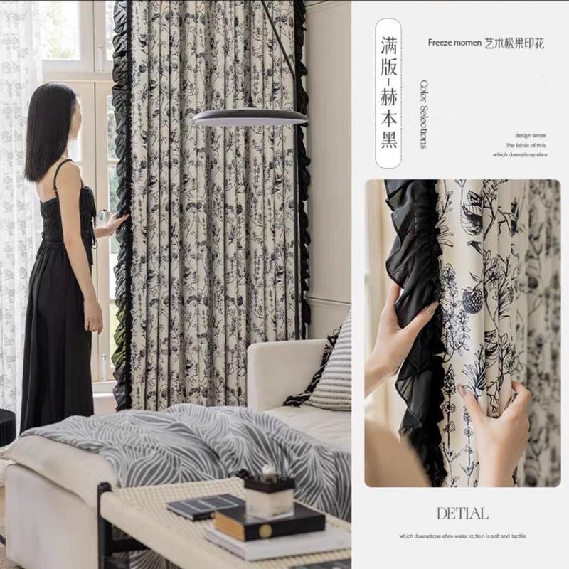 法式奶油风印花窗帘遮光卧室客厅拼接花边新款美式复古轻奢高级感