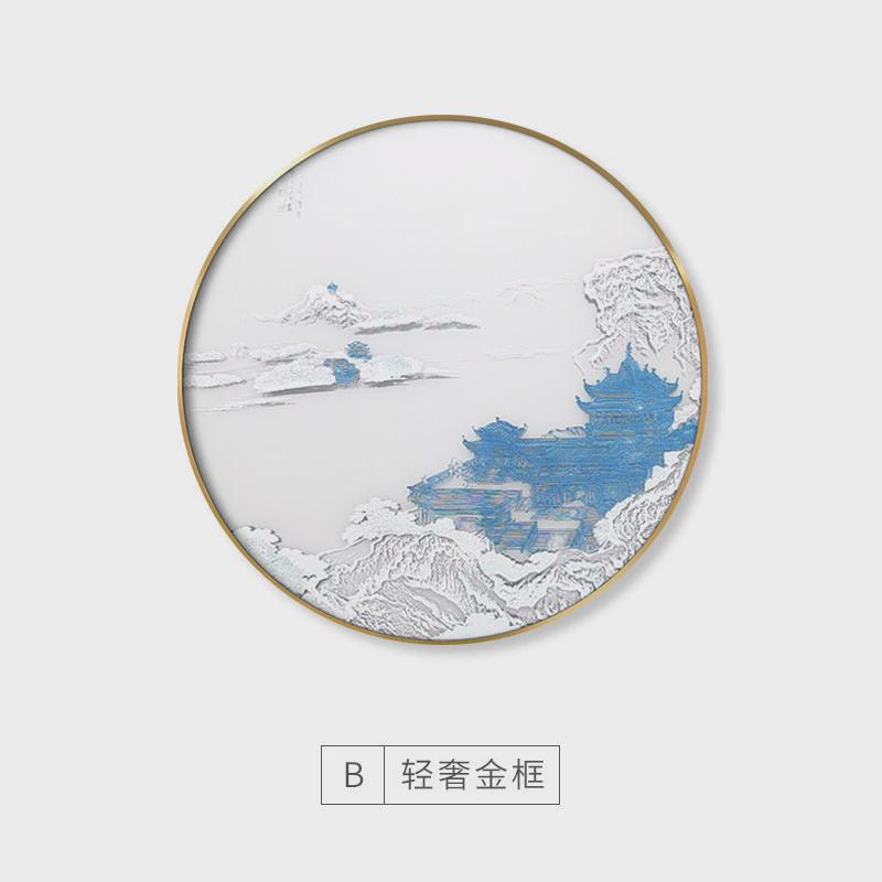 新中式复古建筑实物画立体丝绢肌理浮雕装饰画书房玄关圆形挂画图片