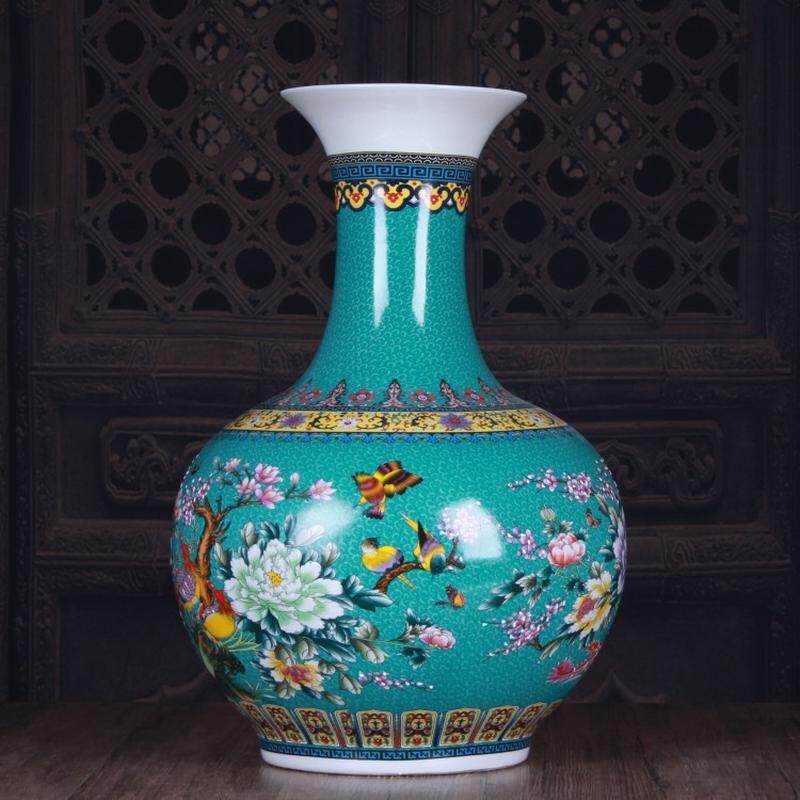 景德镇陶瓷花瓶釉上彩绿色花鸟赏陶瓷古典家居瓶工艺品摆件批发