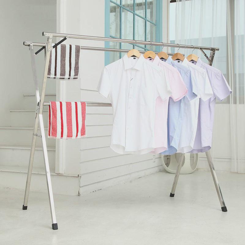 不锈钢圆管三杆伸缩晾衣架折叠