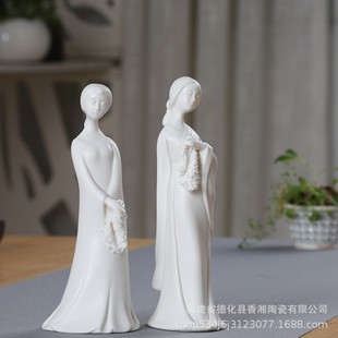 精品白瓷器手工仕女摆件创意陶瓷人物复古工艺品家居客厅古典摆件