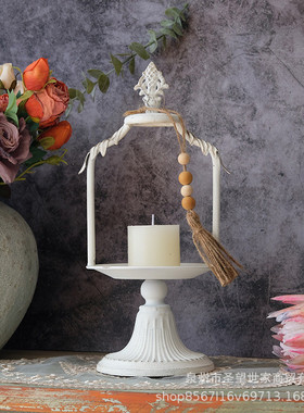 欧式蜡烛台复古做旧铁艺桌面轻奢道具客厅高档装饰架法式玄关摆件