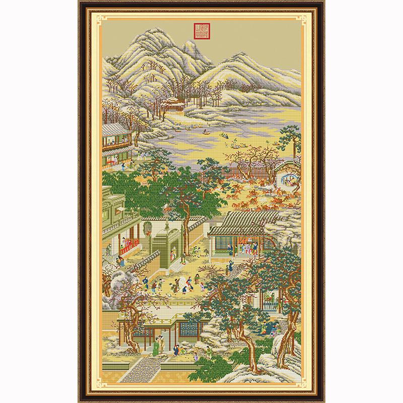满十二月十字绣新款客厅竖版中国风景画线绣玄关刺绣名画非雍正绣