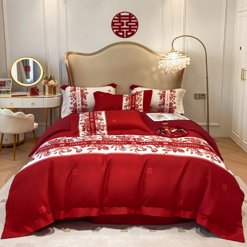 轻奢结婚四件套中式印花高级感红色被套喜庆新婚婚庆陪嫁床上用品