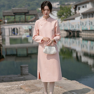 加厚保暖文艺轻中式 新品 禅意连衣裙 2022冬季 茶服女呢子旗袍改良版
