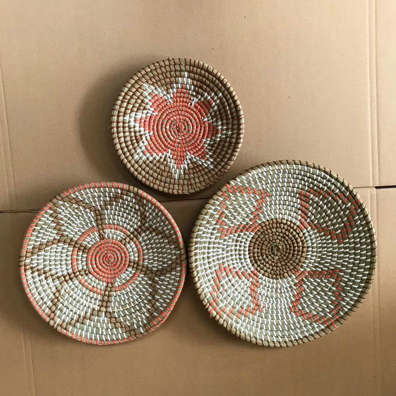 圆形花篮挂饰插花藤编竹装饰品手工海草编墙挂饰北欧草编垃圾桶