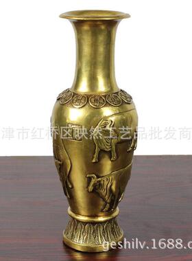 黄铜卓铜器纯铜花瓶宇五福牛花瓶一对工艺品摆件