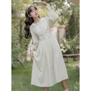 清新可爱娃娃领少女提花旗袍假两件高腰改良国风A字连衣裙秋冬新