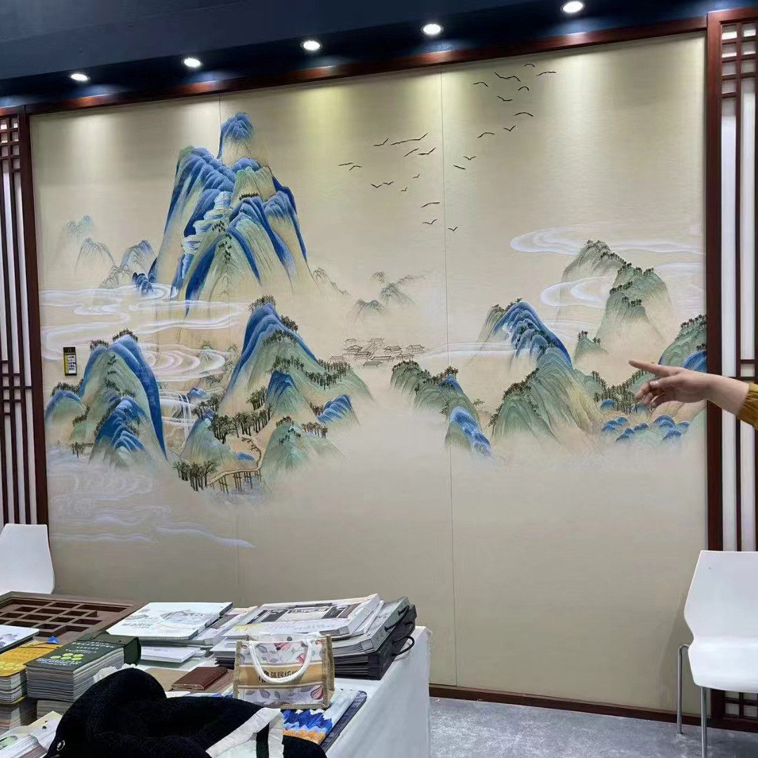 定制新中式沙发客厅山水刺绣背景墙卧室床头壁布电视护墙板硬包