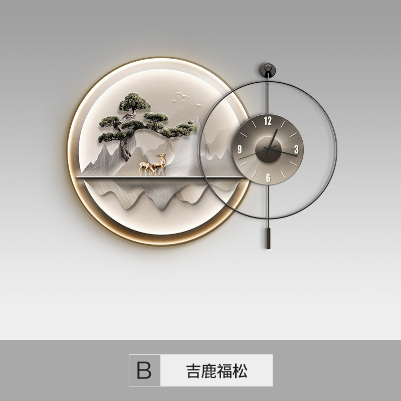 46n轻奢感餐厅装饰画迎客松组合画时钟饭厅挂画led灯画客厅壁