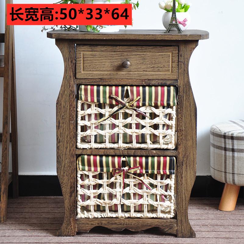 x6ro批发美式田园实木床头柜藤编收纳柜卧室复古柜子抽屉五斗柜小