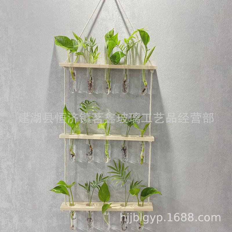 跨境创意ins水培花瓶壁挂绿萝玻璃花瓶挂墙面木架小清新试管容器