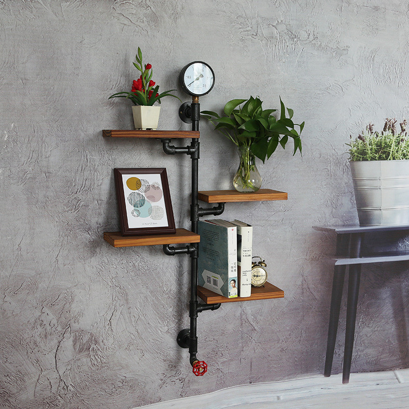 复古水管置物架墙上铁艺壁挂书架多层实木管道工业风置物架展示架