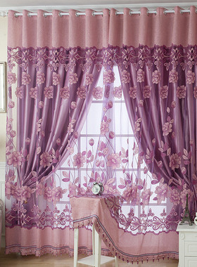 p616批发双层窗帘窗纱纱帘遮光布纱一体全布卧室新婚结婚红色喜庆