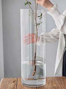 直筒玻璃花瓶家用高款特大号透明富贵竹龙竹宽口大口广口醒花桶热