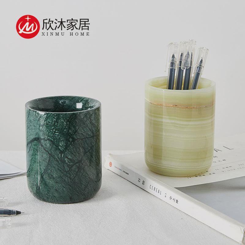 北欧创意大理石笔筒高档眉笔化妆刷收纳礼品样板间书房摆件办公桶