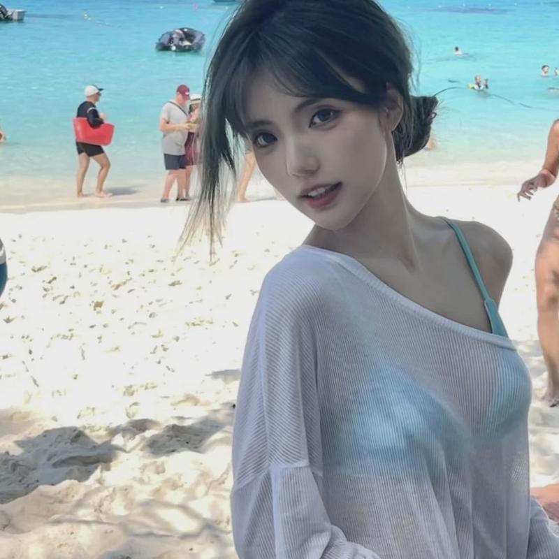 白色宽松罩衫百搭防晒长袖瘦少女网纱新款沙滩度假保守