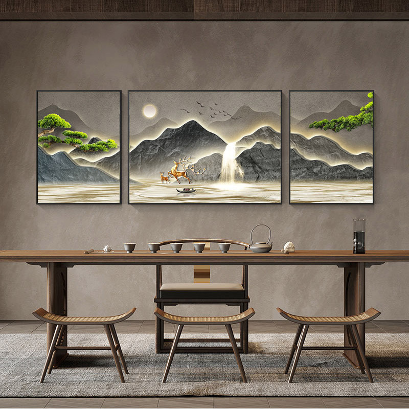 新中式装饰画轻奢客厅高山流水背景墙壁画茶室风景大气寓意好挂画