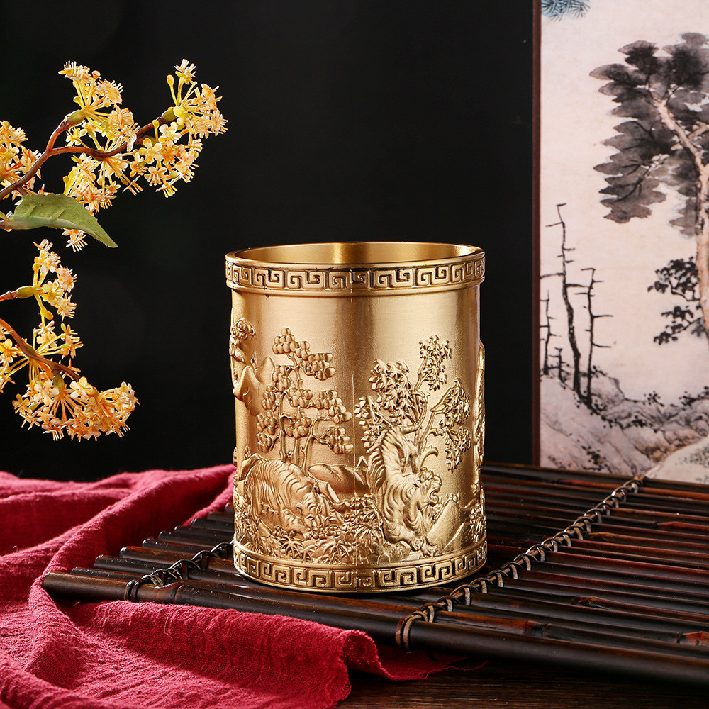 复古纯收纳浮雕五虎笔筒学生学习用品文具黄铜桶桌面装饰金属笔桶