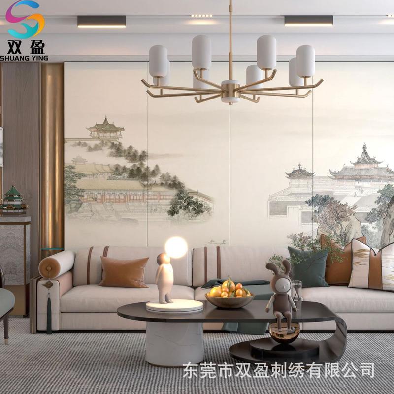 绳绣珠绣立体皮革刺绣壁画硬包山水国潮背景木饰面客厅酒店大