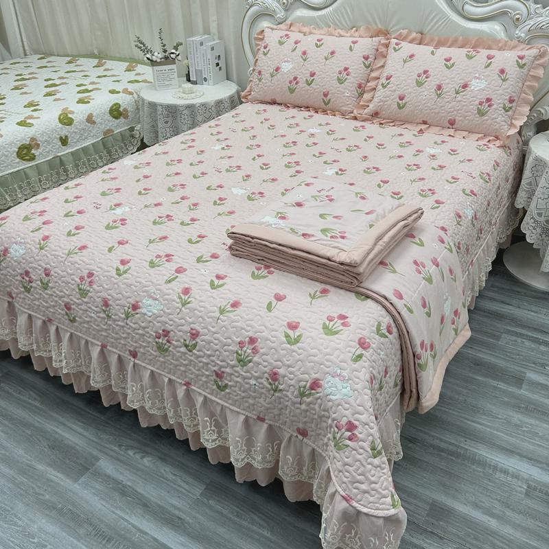 双层纱棉麻床盖夏被四件套花边蕾丝夹夏凉被子床裙水洗棉棉三件套