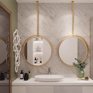 0A简约浴室镜吊镜酒店民宿理发店卫生间智能悬空镜圆形发光化妆镜