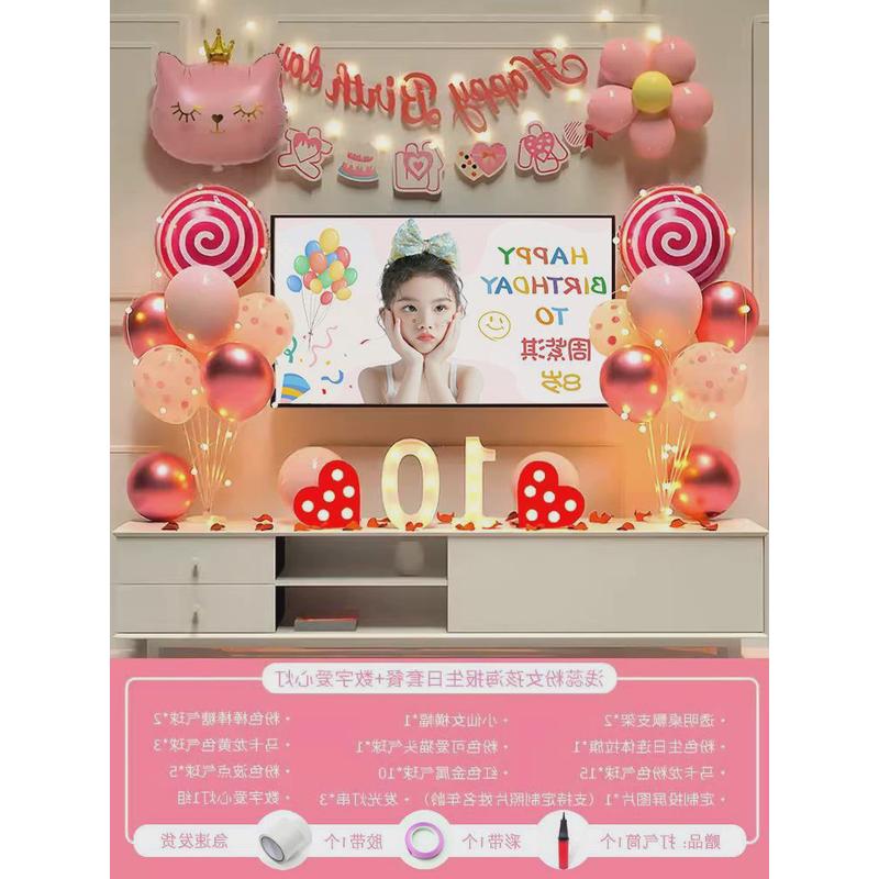 周岁儿童女孩生日装饰气球场景布置女宝宝派对氛围背景墙电视投屏