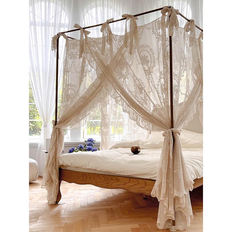9qxc2022新款蚊帐卧室轻法式宫廷落地式白色蕾丝床幔木纹支架三开