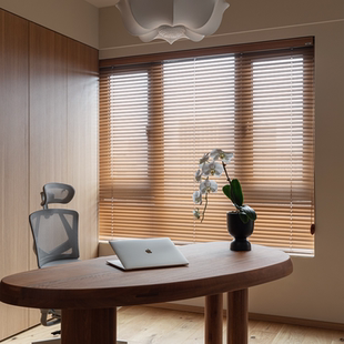 木纹木色百叶遮光免打孔客厅厨房帘中式 复古仿铝合金百叶窗帘卷帘