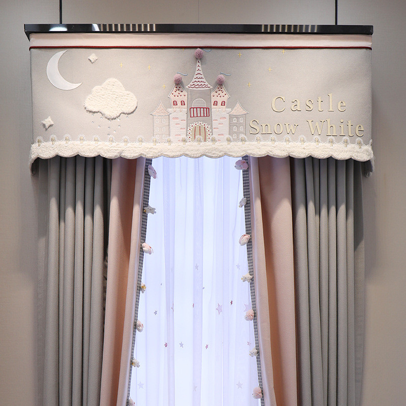 1z5x英文城堡加厚卧室遮光窗帘全遮光女孩房间公主风儿童房雪尼尔