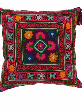图涂印度进口东南亚民族风刺绣手工抱枕民宿软装几何亮色方靠枕