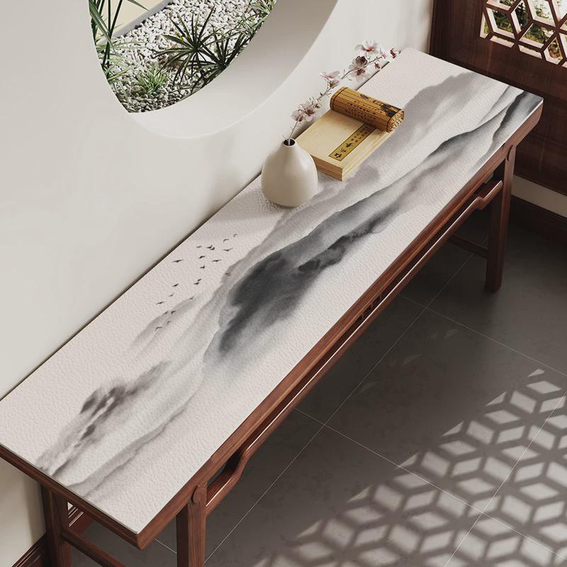 新中式长条桌垫窄条案供桌条几台布家用可擦洗皮革玄关柜茶几桌布