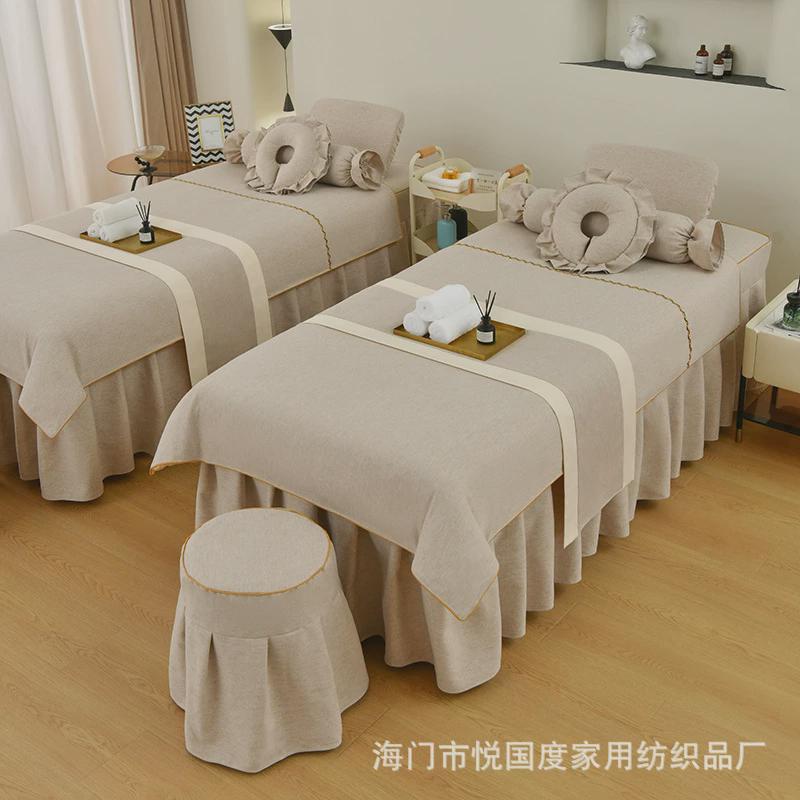 美容院美容床罩四件套四季棉麻简约按摩百褶床裙开洞定制一件通用