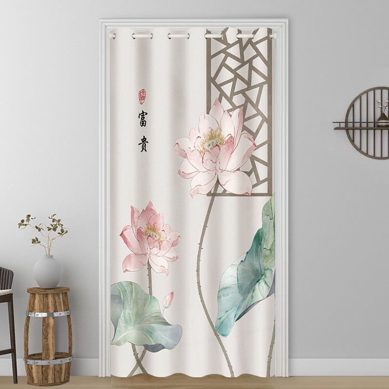 中式荷花门帘隔断帘免打孔空调挡风试衣间卧室卫生间厨房遮挡布帘