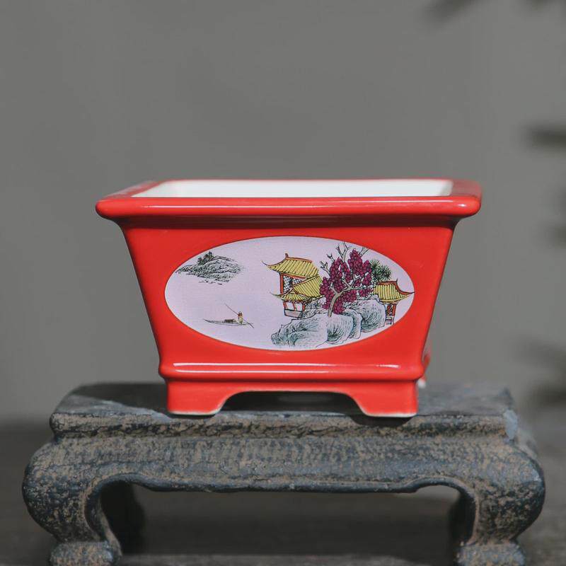 紫砂花盆正方形美工盆盆盆手工贴画山水菖蒲盆陶瓷盆景手绘觅陶乡