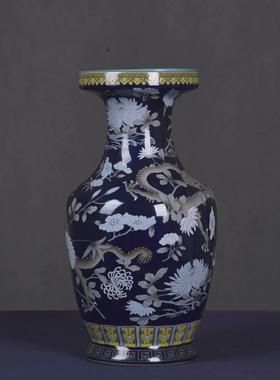 大雅斋粉彩插花龙纹特色花瓶摆件桌面装饰品蓝色器皿日式花道花器