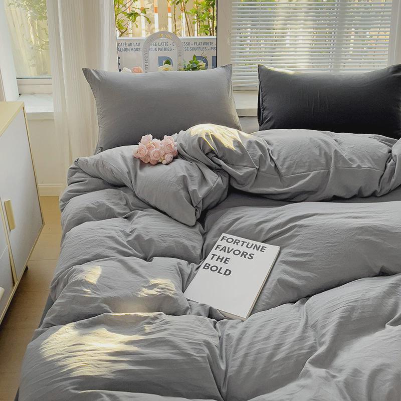 ins风床上四件套夏季水洗棉全尺寸纯色三件套床单床品单人被套