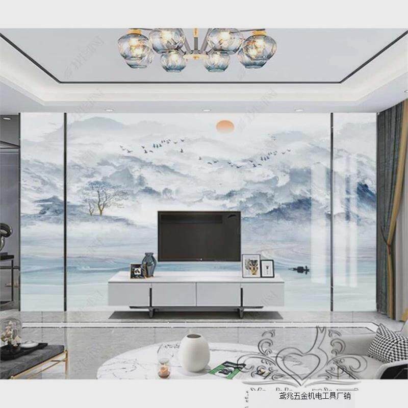 新中式山水墙贴壁画电视背景墙壁纸圆形墙纸自粘墙布影视客厅沙发