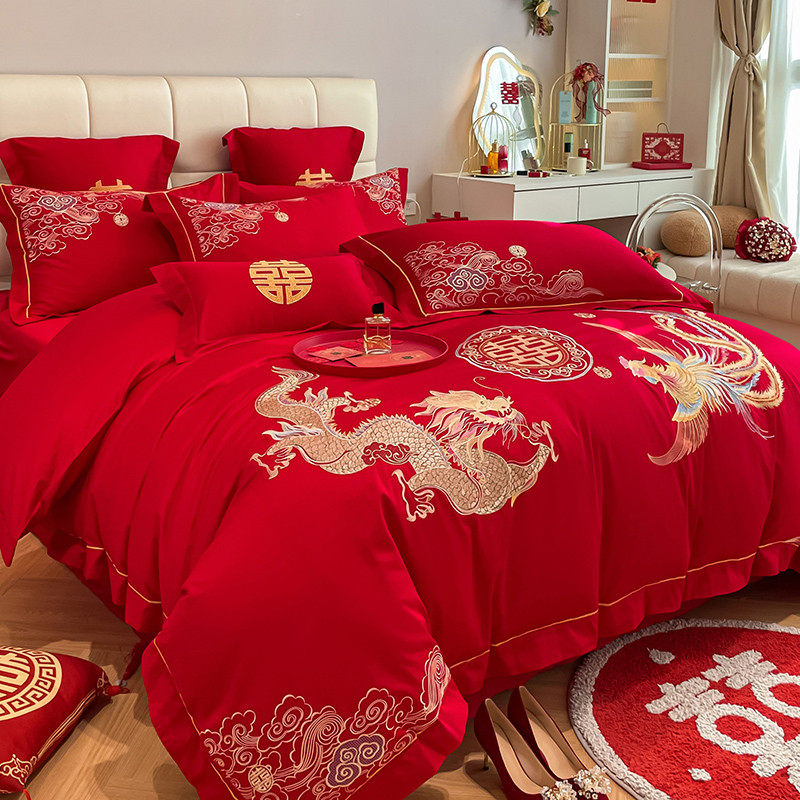 。中式刺绣婚庆四件套大红新房备婚被套床单结婚床上用品六件,床上用品,婚庆床品套件,淘宝优惠券,粉丝福利购,淘宝优惠卷