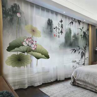 禅意荷花窗帘遮光2024新款 新中式 中国风古典莲花佛系客厅隔断纱帘