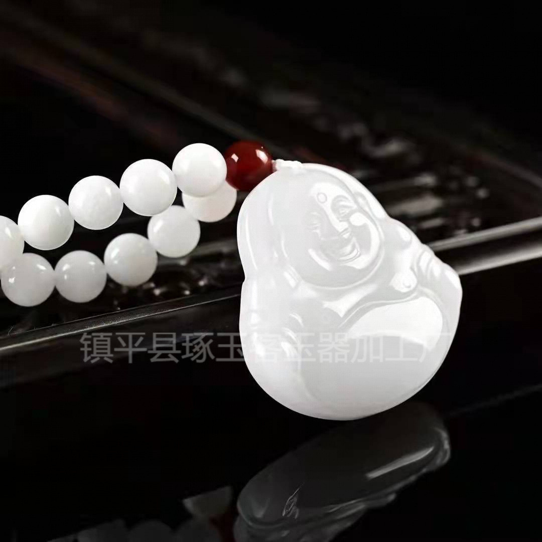 大肚羊脂白玉金丝玉新疆笑佛项链吊坠女款玉石毛衣链现货