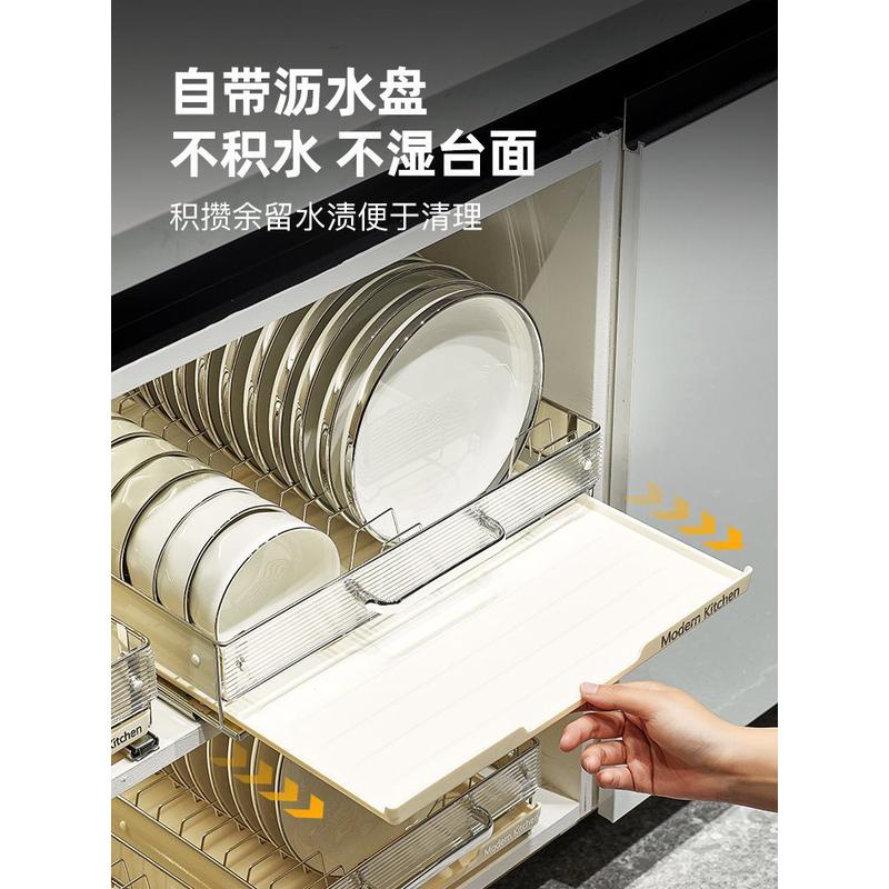 热销抽屉式厨房抽拉碗碟收纳架免打孔橱柜碗架拉篮置物架盘子沥水