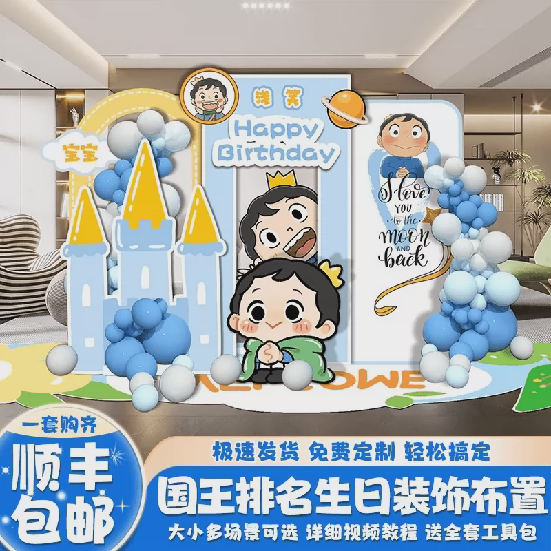 新波吉王子主题男孩生日场景布置香肠派对主题满月布置kt板背景墙