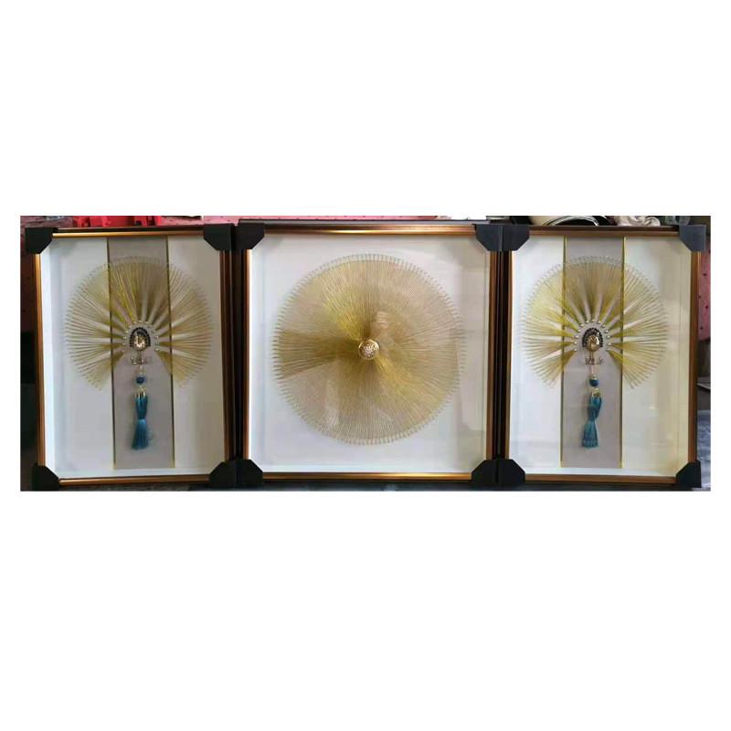 手工立体装饰画绕线金帝丝实物挂画轻奢羽毛三联画沙发背景墙壁画